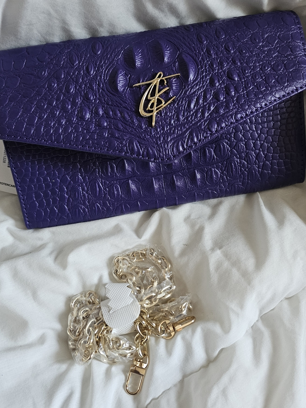 Purple Croc-Embossed Envelope Clutch with Gold Chain